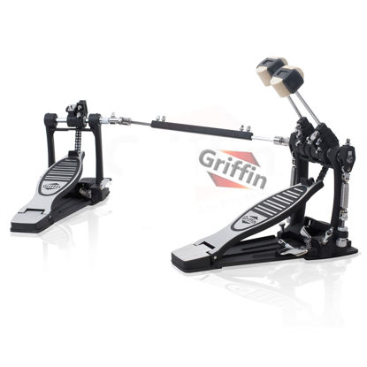 Picture of Deluxe Double Kick Drum Pedal for Bass Drum by GRIFFIN | Twin Set Foot Pedal | Quad Sided Beater Heads | Dual Pedal Two Chain Drive Percussion Hardware | Impressive Response for Metal & Rock Drummers