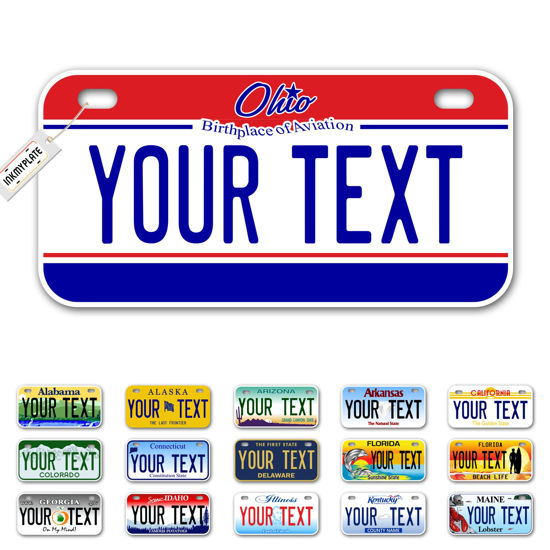 Picture of InkMyPlate Personalized Ohio Aviation Small License Plate | Bike 6x3 inch | Select from All 50 States | 3 Sizes | Custom License Plates for Kids Bicycles | Power Wheels | USA Thick .040 Aluminum