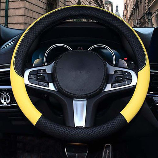 Picture of SHIAWASENA Car Steering Wheel Cover, Leather, Universal 15 Inch Fit, Anti-Slip & Odor-Free (Black&Yellow)