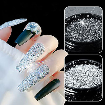 Picture of Crystal Diamond Nail Powder,2Pcs Same Box in Different Light Reflection,Sparkling Triangle Glitter Holographic Nail Glitter Dust Laser Silver Mirror Effect Nail Art Decoration Manicure Shiny Pigment