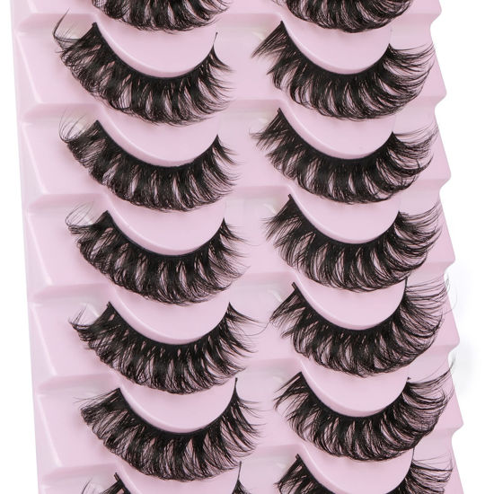 Picture of wiwoseo False Eyelashes Russian Strip Lashes Natural Wispy Fluffy D Curly 18MM Fake Eyelashes 10 Pairs Pack