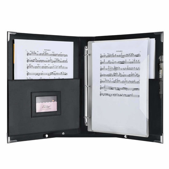 Picture of Eastar Leather Sheet Music Folder Black, 3 Rings Binder 13.5" x 10.5" Piano Music Choir Book with Elastic Hand Strap for,15 Pockets for Sheets A4 (New Version), ESMF-1