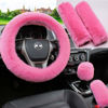 Picture of Pinbola 5pcs in 1 Set Faux Wool Steering Wheel Cover Soft Fluffy Handbrake Cover & Gear Shift Cover & 2pcs Seat Belt Shoulder Pads Warm Universal Fit for 15 Inch (Pink)