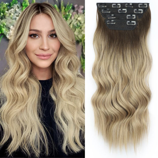 Picture of Sué Exquisite 4PCS Clip in Long Soft Glam Waves Thick Hairpieces 20 inches Chocolate Brown to Dirty Blonde Hair Extensions Synthetic Fiber Double Weft Hair for Women Full Head