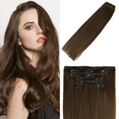 Picture of Clip in Hair Extensions Human Hair Medium Brown 70g #4 22Inch Hair Extensions for women Remy Hair 7PCS