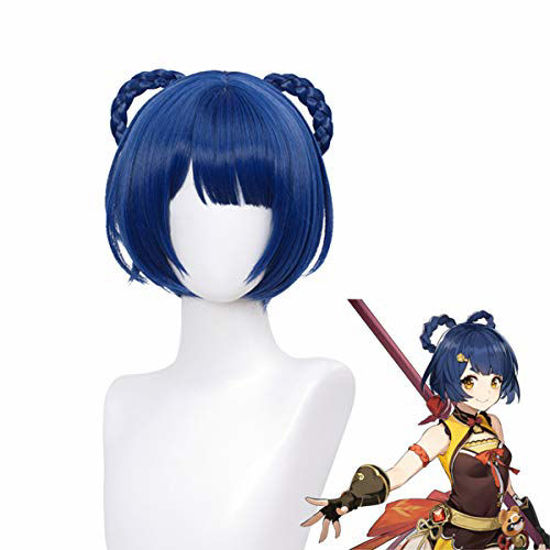 Picture of Navy Blue Cosplay Wig with Bangs Anime Cosplay Bob Hair Wigs with Braids Hairpin Cap Included