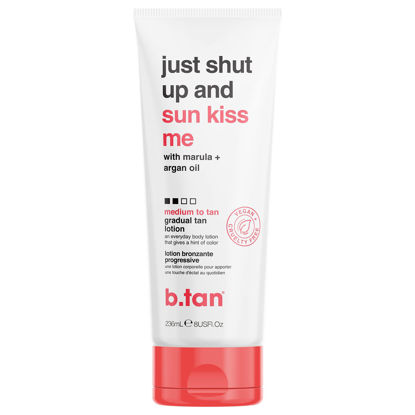 Picture of b.tan Medium Gradual Self Tanning Lotion | Just Shut Up and Sun Kiss Me Everyday Glow Lotion - Develop a Medium to Tan Bronzed Glow, Infused With Marula + Argan Oil, Vegan, Cruelty & Paraben Free, 8 Fl Oz