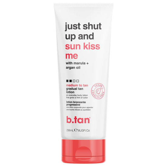 Picture of b.tan Medium Gradual Self Tanning Lotion | Just Shut Up and Sun Kiss Me Everyday Glow Lotion - Develop a Medium to Tan Bronzed Glow, Infused With Marula + Argan Oil, Vegan, Cruelty & Paraben Free, 8 Fl Oz