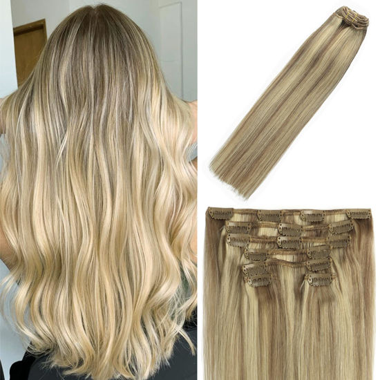 Picture of Clip in Hair Extensions Human Hair Balayage Mixed Bleach Blonde 70g 22Inch #18P613 Remy Hair Extensions 7PCS