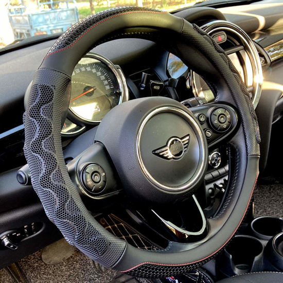 Picture of PINCTROT Steering Wheel Cover Great Grip with 3D Honeycomb Anti-Slip Design, Universal 15 Inch (Black /Red Stitch)