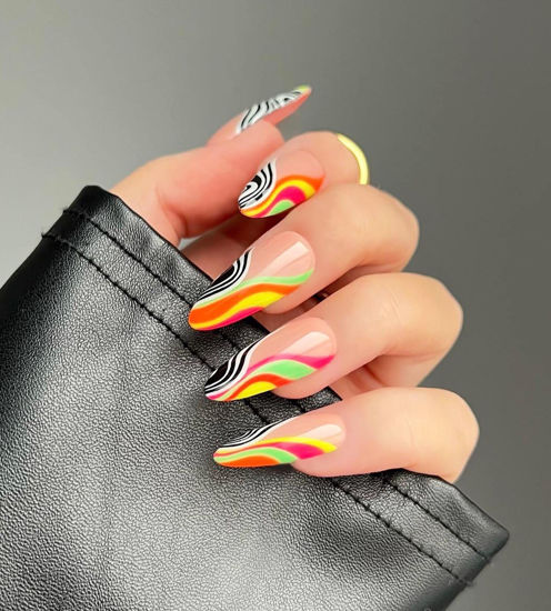 Picture of 24 Pcs Acrylic Press on Nails Medium, Glue on Nails for Women, Fake Nails with Glue (Black and Colorful Swirl)