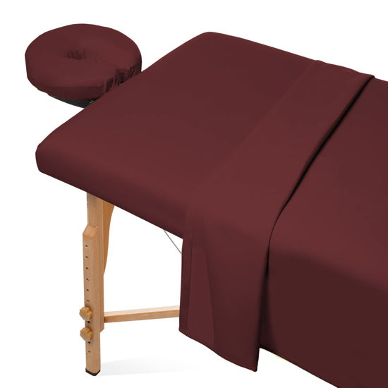 Picture of Saloniture 3-Piece Microfiber Massage Table Sheet Set - Premium Facial Bed Cover - Includes Flat and Fitted Sheets with Face Cradle Cover - Burgundy