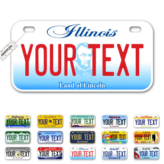 Picture of InkMyPlate Personalized Illinois Small License Plate | Bike 6x3 inch | Select from All 50 States | 3 Sizes | Custom License Plates for Kids Bicycles | Power Wheels | USA Thick .040 Aluminum