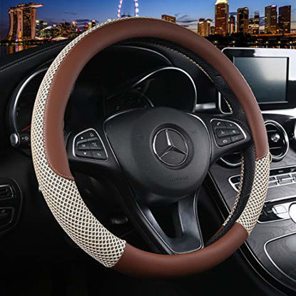 Picture of Cxtiy Universal Car Steering Wheel Cover Cool for Summer Warm for Winter Steering Wheel Cover Fit Most of Cars SUV Auto Vehicle (C-Beige)