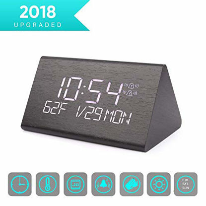 Picture of Warmhoming Wooden Digital Alarm Clock with 7 Levels Adjustable Brightness, Voice Command Electric LED Bedside Travel Triangle Alarm Clock, Display Time Date Week Temperature for Bedroom Office Home