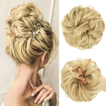 Picture of CJL HAIR Messy Bun Hair Piece Wavy Curly Scrunchies Synthetic Natural Blonde Ponytail Large Hair Extensions Thick Updo Hairpieces for Women Girls Kids 1 PCS