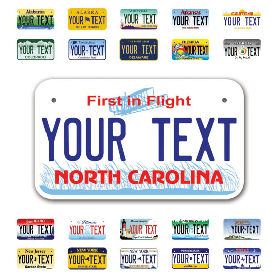 Picture of InkMyPlate Personalized North Carolina Mini License Plate | Choose from 50 States Moto 7x4 Custom for Kids Power Wheels Golf Cart, Motorcycle, Wagons, Moped ATV Aluminum Made USA, 7inchX4inch