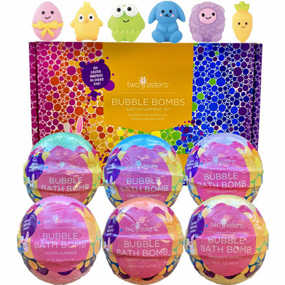 Picture of Easter Squishy Bubble Bath Bombs for Kids with Surprise Easter Squishy Toys Inside by Two Sisters. 6 Large 99% Natural Fizzies in Gift Box. Moisturizes Dry Skin. Releases Color, Scent, Bubbles