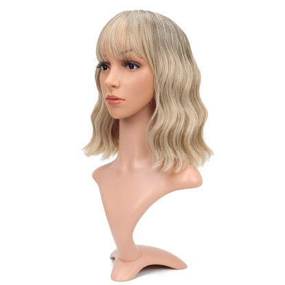 Picture of VCKOVCKO Ombre Blonde Wavy Wig with Bangs Women's Shoulder Length Bob Wig Black to Blonde Short Curly Wavy Synthetic Cosplay Wig for Girls (12", Omber Blonde)