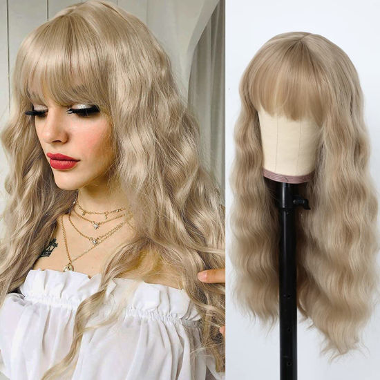 Picture of QD-Tizer Ash Blonde Synthetic Hair Wigs for Fashion Women Loose Wave Hair Mixed Platinum Blonde Color Heat Resistant Hair Replacement Wigs with Bangs