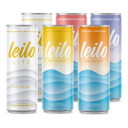 Picture of Leilo Calm in a Can | Sparkling Relaxation Drink with Kava | All Natural & Gluten Free | Sunset Variety + Lite, 12 ounce, Pack of 6