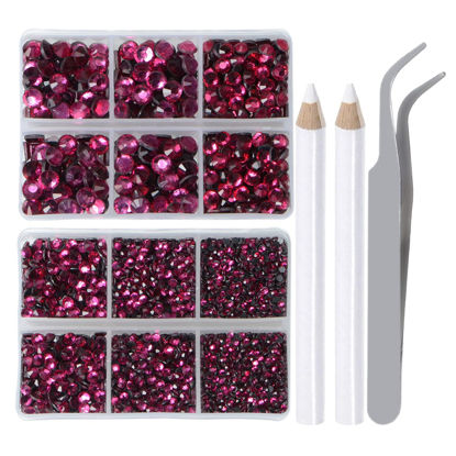 Picture of LPBeads 6400 Pieces Hotfix Rhinestones Rose Red Flat Back 5 Mixed Sizes Crystal Round Glass Gems with Tweezers and Picking Rhinestones Pen