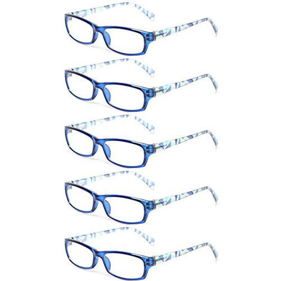 Picture of Kerecsen Reading Glasses 5 Pairs Fashion Ladies Readers Spring Hinge with Pattern Print Eyeglasses for Women (5 Pack Blue, 4.0)