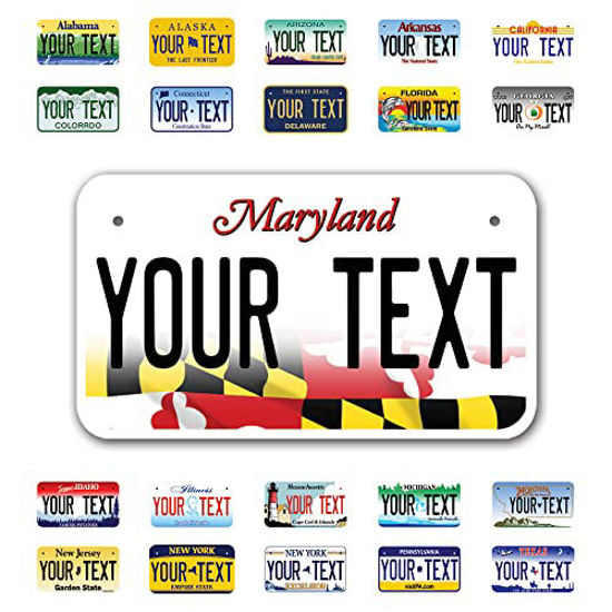 Picture of InkMyPlate Personalized Maryland Mini License Plate | Choose from 50 States | Moto 7x4 | Custom License Plate for Kids Power Wheels | Golf Cart, Motorcycle, Wagons, Moped ATV | Aluminum Made USA