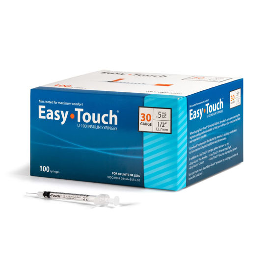 Picture of EasyTouch U-100 Insulin Syringe with Needle, 30G 0.5cc 1/2-Inch (12.7mm), Box of 100