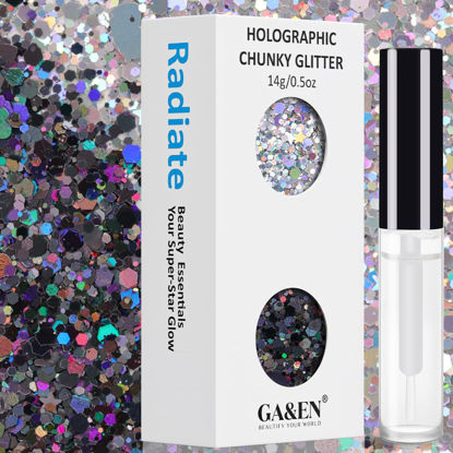 Picture of 7g Silver+7g Black Holographic Chunky Cosmetic Glitter Body Hair Face Eye Nail for Festival Carnival Party Beauty Rave Accessories Different Sizes&Shapes ✮14g + Quick Dry Primer Glue Gel(5ml)