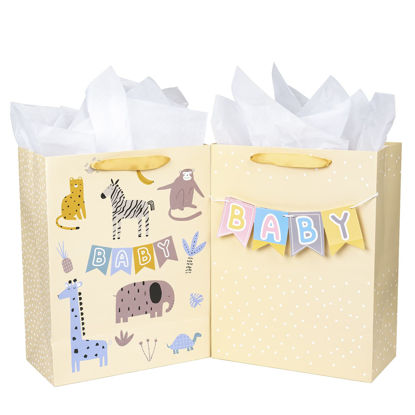 Picture of MAYPLUSS 13" Large Gift Bag (2 Pack) with Tissue Paper for Baby Shower - Yellow Design