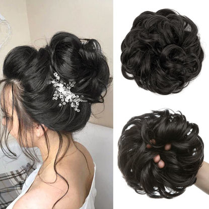 Picture of CJL HAIR 1 PCS Messy Bun Hair Piece Black Wavy Curly Scrunchies Synthetic Ponytail Hair Extensions Large Thick Updo Hairpieces for Black Women Girls Kids