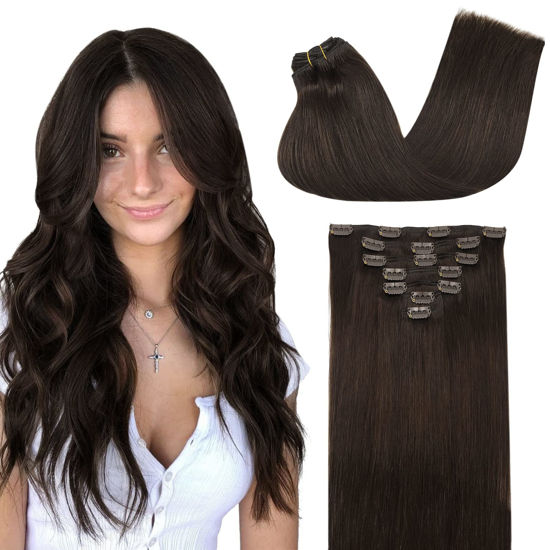 Picture of GOO GOO Clip-in Hair Extensions for Women, Soft & Natural, Handmade Real Human Hair Extensions, Light Brown, Long, Straight #2A, 7pcs 120g 22 inches