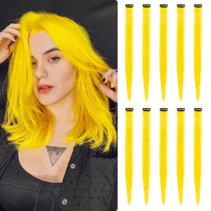 Picture of TOFAFA 22 inch Colored Hair Extensions, Multi-colors Party Highlights Clip in Synthetic Hair Extensions (10 PCS Yellow)