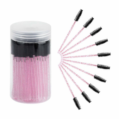 Picture of CHEFBEE 100PCS Disposable Eyelash Brush, Mascara Wands Makeup Brushes Applicators Kits for Eyelash Extensions and Eyebrow Brush with Container (Pink Black)