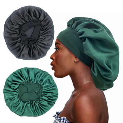 Picture of 2PCS Large Satin Bonnet,Silk Bonnet Hair Wrap for Sleeping, Sleep Cap with Elastic Soft Band, Big Bonnets for Black Women Hair Care (Black, Hunter Green)