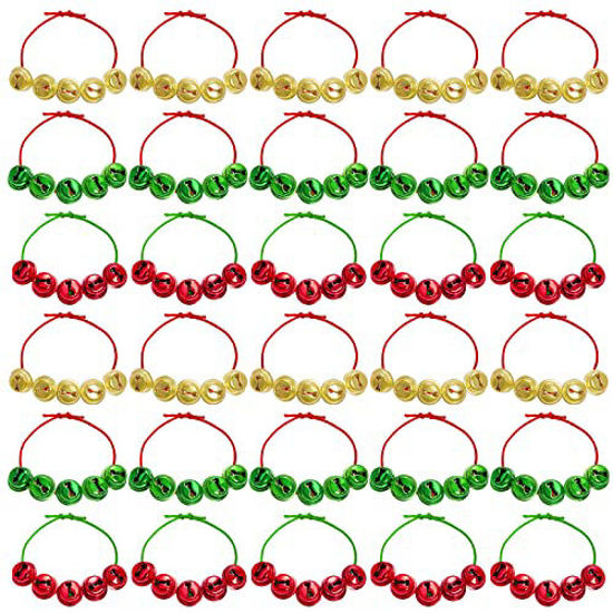 mifengda 30 Pieces Christmas Jingle Bell Bracelets Adjustable Jingle Bell  Wrist Band Green Red and Gold Metal Bells Bracelets for Christmas Party Gift