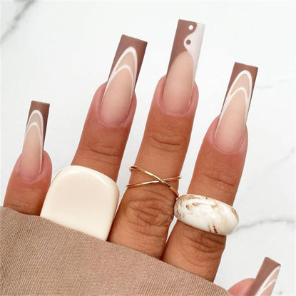 Picture of Brown Matte French Press on Nails Extra Long,Xcreando Coffin Fake Nails Acrylic Ballet Nails Embellished White Lines Taichi Pattern Full Cover Stick on Nails for Women Girls