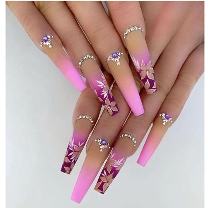 Picture of Ombre Purple Press on Nails Extra Long Coffin,Xcreando Matte Nude Acrylic Nails Press on Butterfly Pattern Full Cover Fake Nails With Nail Glue 24 Pieces