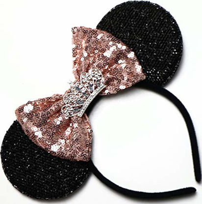 Picture of CLGIFT Rose gold Minnie Ears,Pick your color, Iridescent Minnie Ears, Silver gold blue minnie ears, Rainbow Sparkle Mouse Ears,Classic Red Sequin Minnie Ears (Rose Gold Princess)