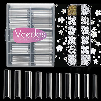 Picture of Vcedas 100PCS Extra Long C Curve Nail Tips Half Cover Extra Long Straight Square Tips with Acrylic Flower 3D Nail Charms for Nail Art