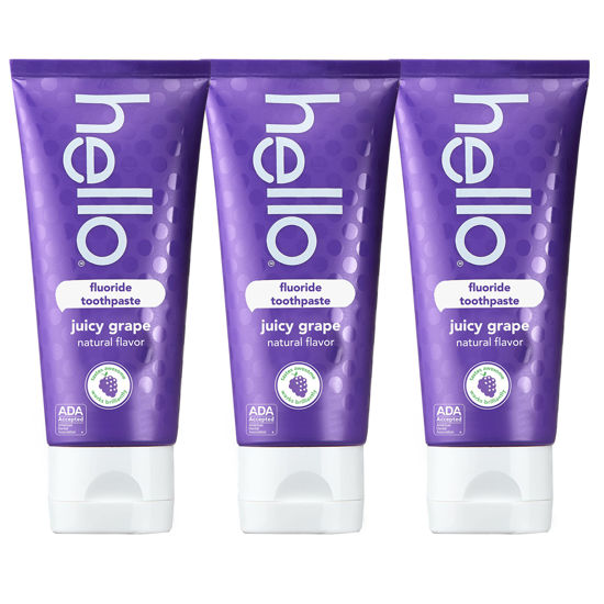 Picture of hello Natural Juicy Grape Flavor Fluoride Kids Toothpaste, ADA Approved, Ages 2+, No Artificial Sweetneners, No SLS, Gluten Free, Vegan, Pack of 3, 4.2 OZ Tubes