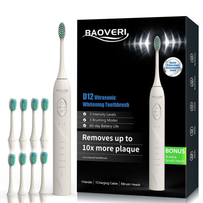 Picture of BAOVERI Electric Toothbrush with 8 Brush Heads ,3 Intensity Level & 5 Modes Sonic Electric Toothbrush with 2 Minutes Smart Timer, Travel Rechargeable Power Ultrasonic Toothbrush (Milk White)