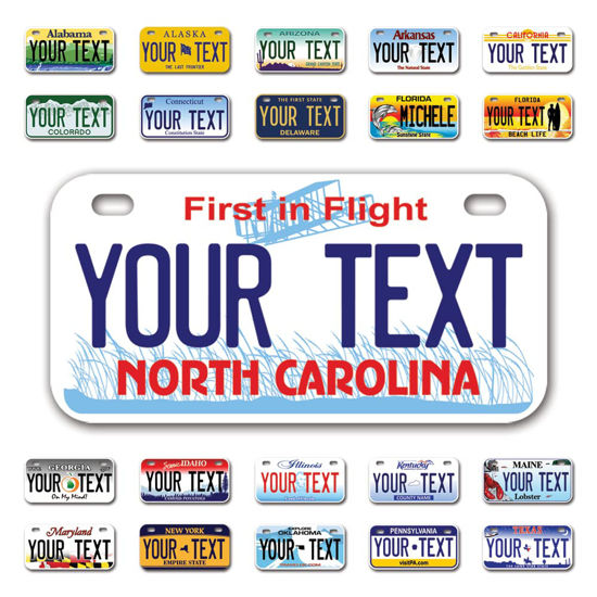 Picture of InkMyPlate Personalized North Carolina Mini License Plate | Choose from 50 States | Bike 6x3 inch | Custom License Plate for Kids Power Wheels | Golf Cart, Motorcycle, Moped, Wagons, ATV | Aluminum