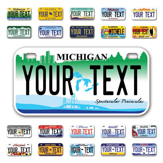 Picture of InkMyPlate Personalized Michigan Mini License Plate | Choose from 50 States | Bike 6x3 in | Custom License Plate for Kids Power Wh Michigan Plate 6inchX3inch