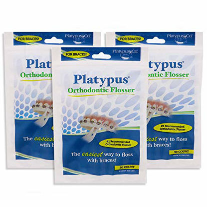 Picture of Platypus Orthodontic Flossers for Braces- Unique Structure Fits Under Arch Wire, Floss Entire Mouth in Less Than Two Minutes, Increases Flossing Compliance, Will Not Damage Braces - 30 Count Bag (Pack of 3)