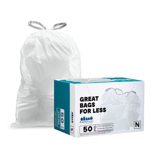 Picture of Plasticplace simplehuman (x) Code N Compatible Drawstring Garbage Liners 12-13 Gallon / 45-50 Liter │ 22.75" x 31.5", 50 Count, White