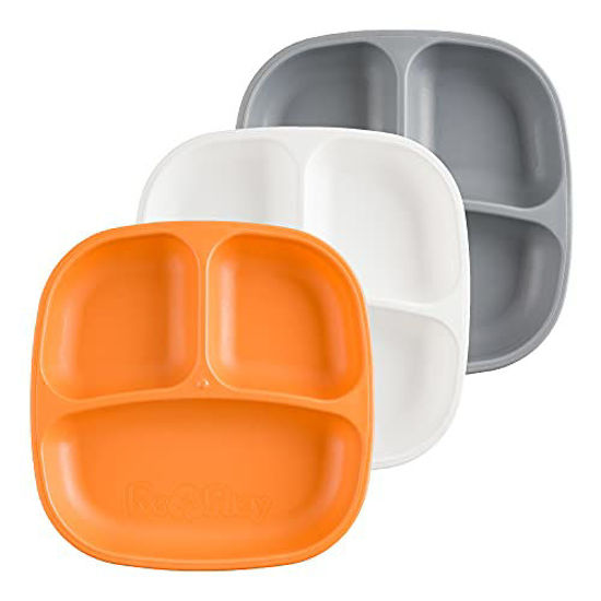 Picture of RE-PLAY Made in USA Toddler Feeding Divided Plates with Deep Sides and Three Compartments for Easy Self Feeding | BPA Free | Dishwasher Safe | White, Grey & Orange | Modern Orange (3pk)