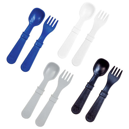 Picture of RE-PLAY Made in USA 8pk Toddler Feeding Spoon and Fork Set| Made from BPA Free Eco Friendly Recycled Milk Jugs - Virtually Indestructible | White, Navy, Black & Grey | Dishwasher Safe |Droid