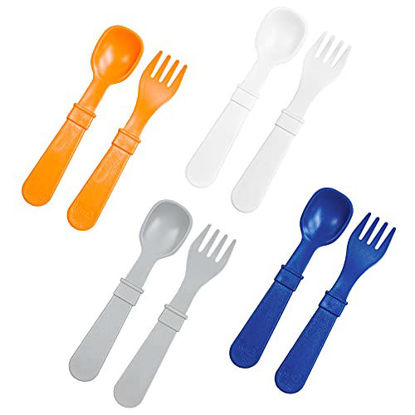 Picture of RE-PLAY Made in USA 8pk Toddler Feeding Spoon and Fork Set| Made from BPA Free Eco Friendly Recycled Milk Jugs - Virtually Indestructible | White, Orange, Navy & Grey | Dishwasher Safe |Sport